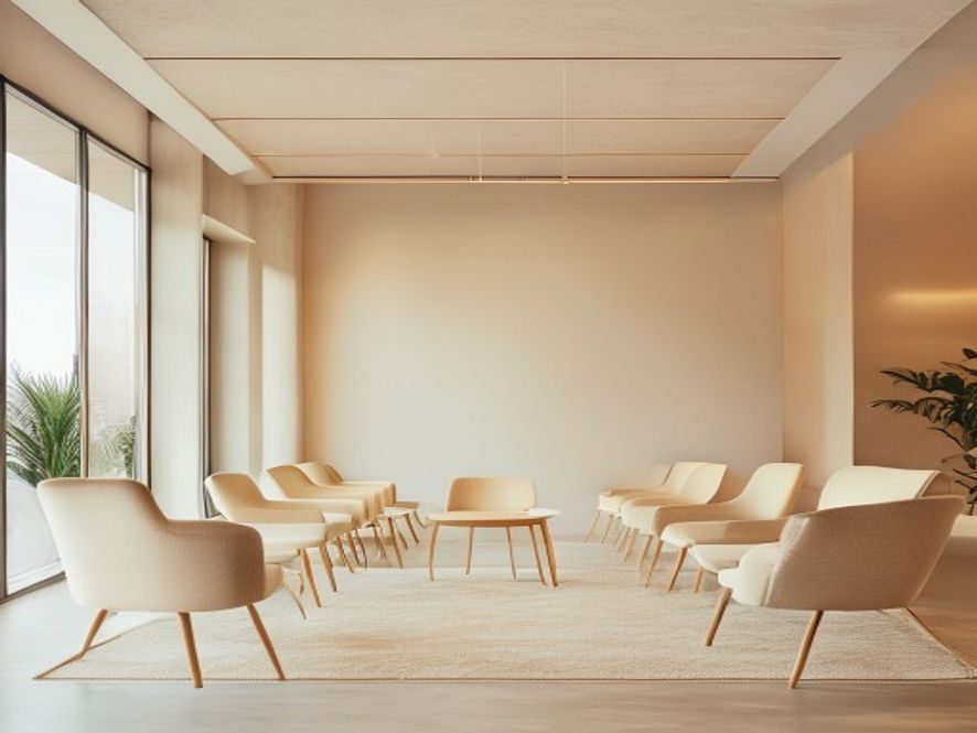 Welcoming modern office meeting space with chairs arranged for conversation and consultation